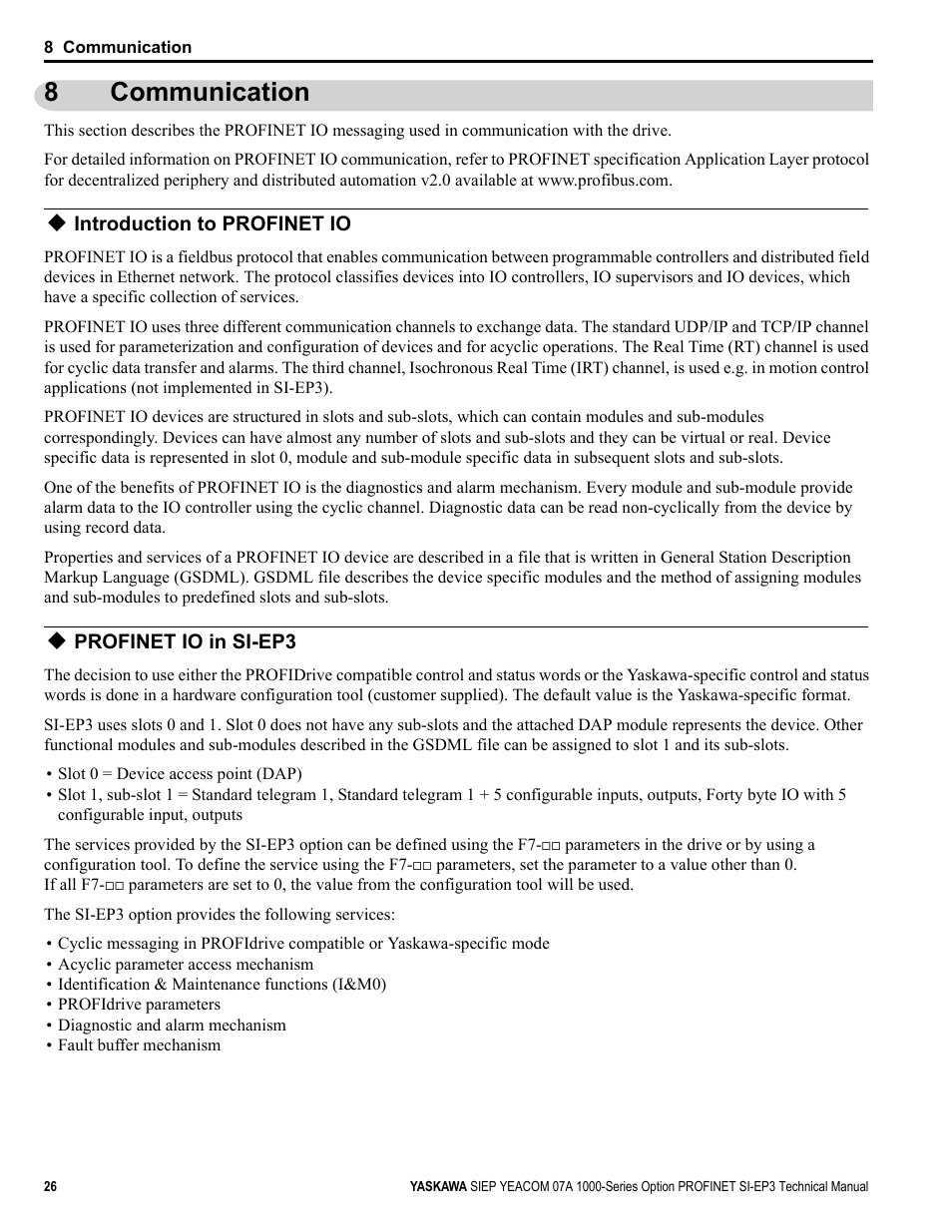 8 communication, Introduction to profinet io, Profinet io in si-ep3 | Communication, 8communication | Yaskawa PROFINET User Manual | Page 26 / 62