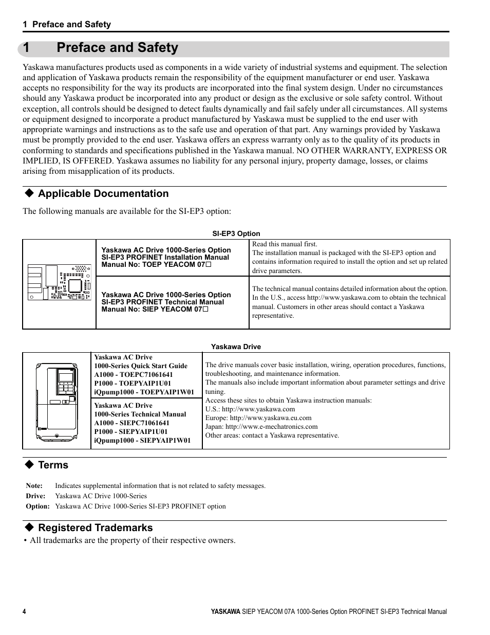 1 preface and safety, Applicable documentation, Terms | Registered trademarks, Preface and safety, 1preface and safety | Yaskawa PROFINET User Manual | Page 4 / 62