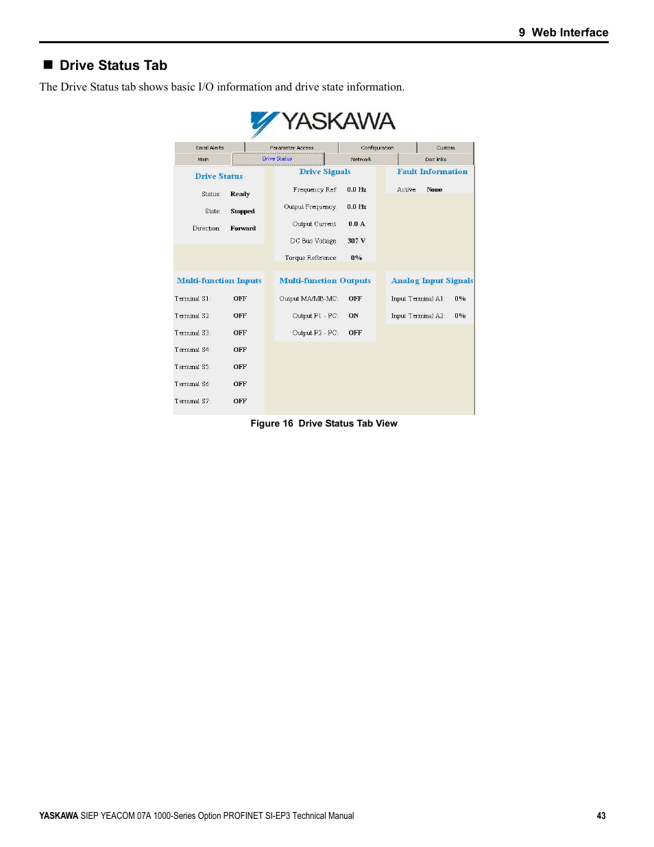 Drive status tab | Yaskawa PROFINET User Manual | Page 43 / 62