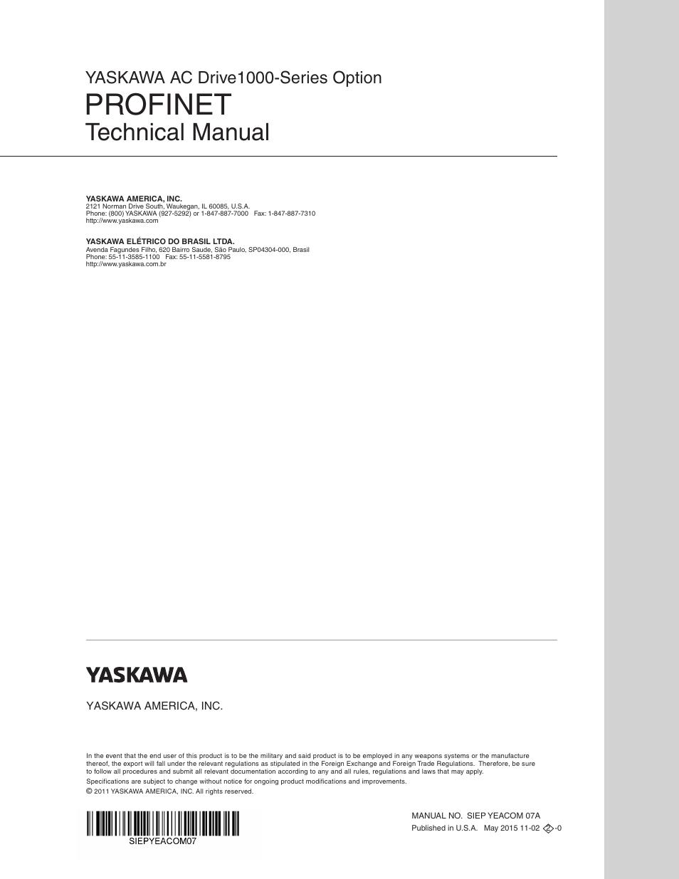 Profinet, Technical manual, Yaskawa ac drive1000-series option | Yaskawa PROFINET User Manual | Page 62 / 62