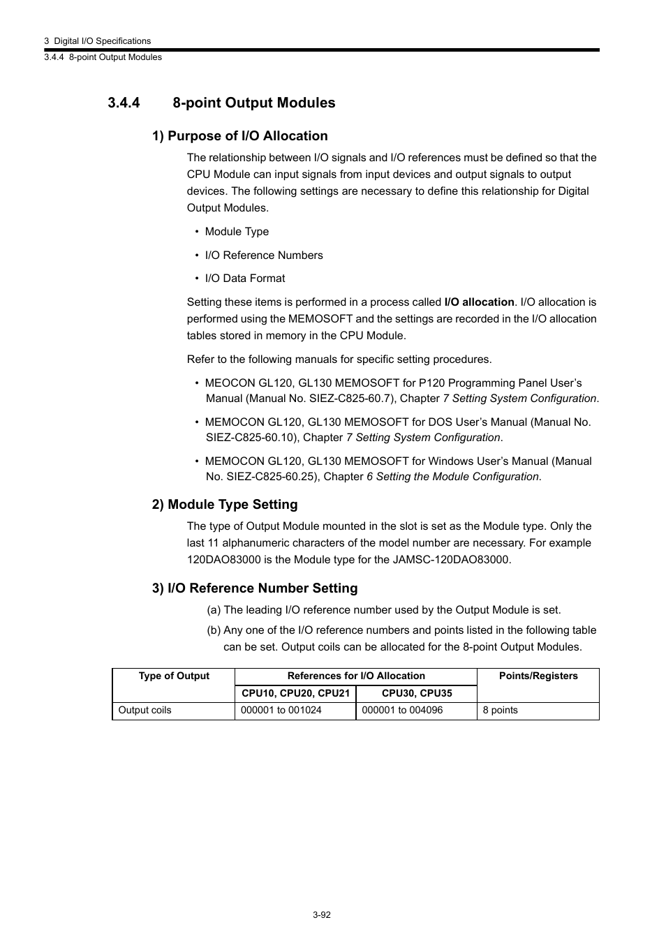 4 8-point output modules, 1) purpose of i/o allocation, 2) module type setting | 3) i/o reference number setting | Yaskawa 120 Series I/O Modules User Manual | Page 122 / 308