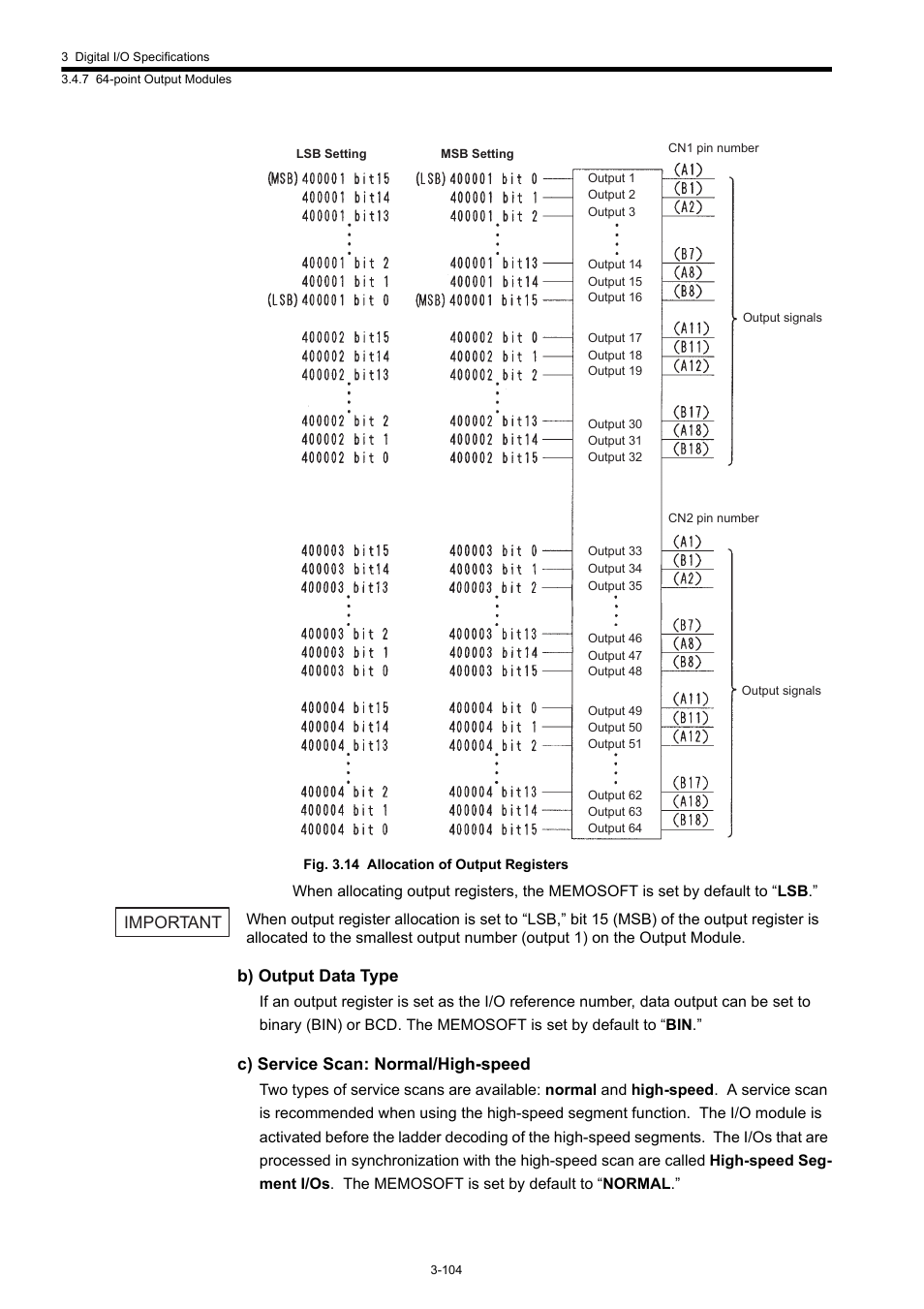 B) output data type, C) service scan: normal/high-speed, Important | Yaskawa 120 Series I/O Modules User Manual | Page 134 / 308