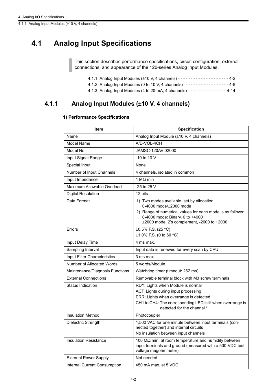 1 analog input specifications, 1 analog input modules (±10 v, 4 channels), 1 analog input modules ( ± 10 v, 4 channels) | Yaskawa 120 Series I/O Modules User Manual | Page 149 / 308