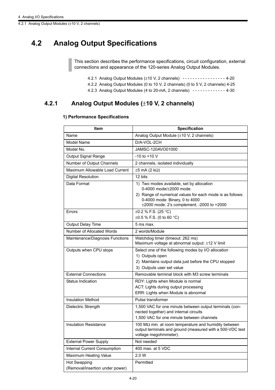 2 analog output specifications, 1 analog output modules (±10 v, 2 channels), 1 analog output modules ( ± 10 v, 2 channels) | Yaskawa 120 Series I/O Modules User Manual | Page 167 / 308