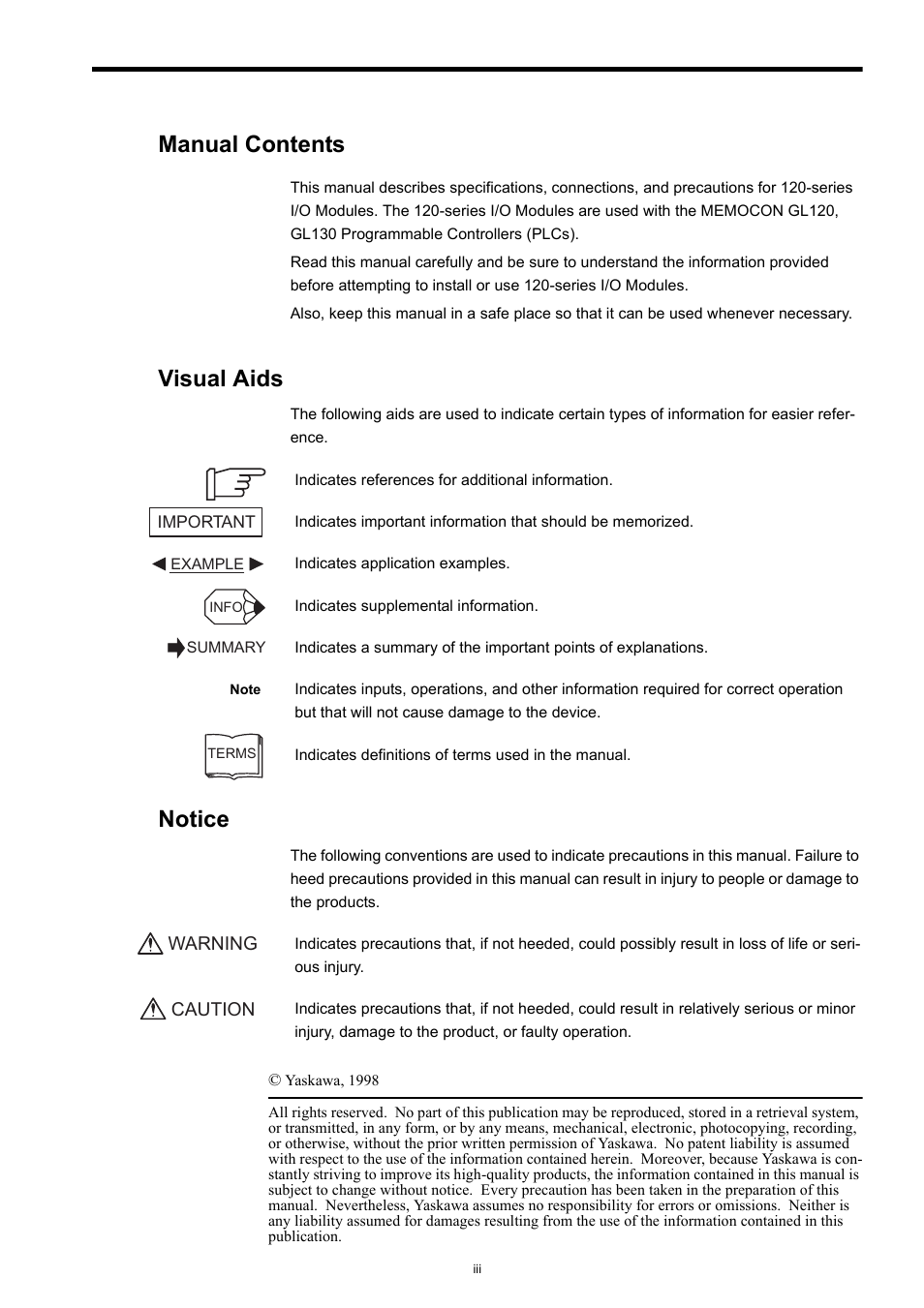 Manual contents, Visual aids, Notice | Yaskawa 120 Series I/O Modules User Manual | Page 2 / 308