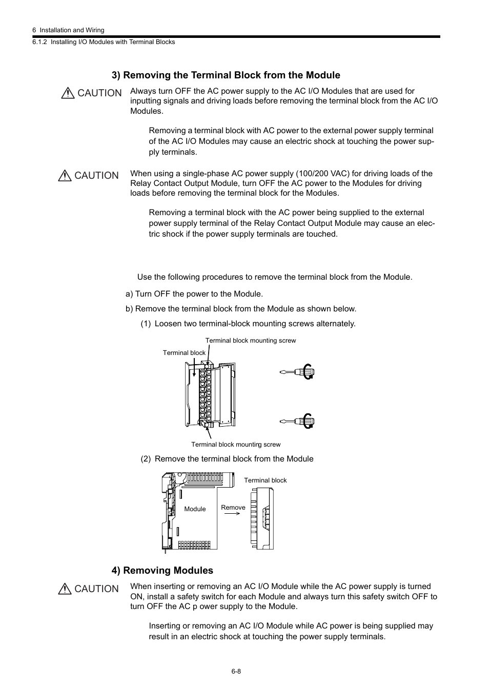 3) removing the terminal block from the module, 4) removing modules, Caution | Yaskawa 120 Series I/O Modules User Manual | Page 235 / 308
