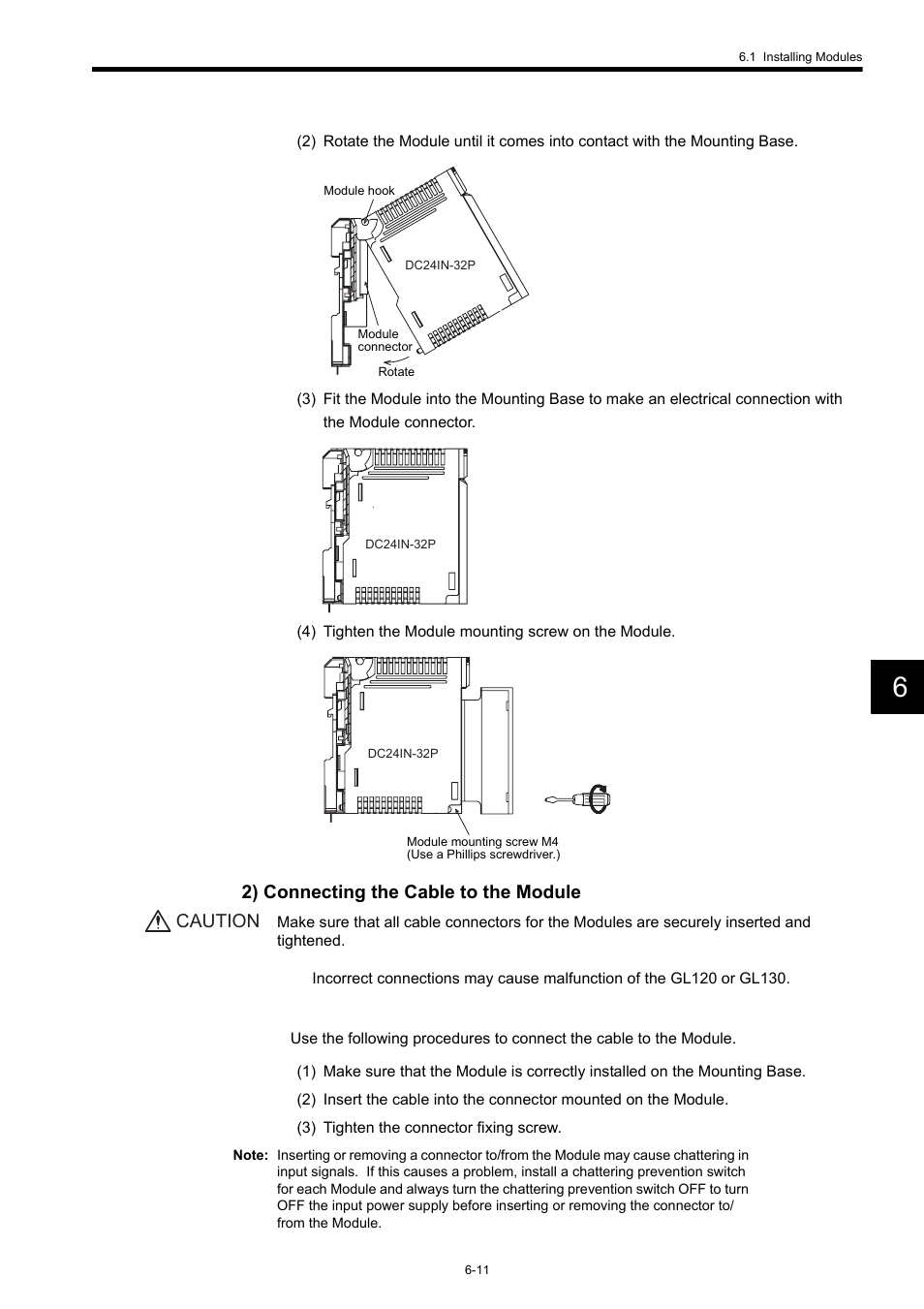 2) connecting the cable to the module, Caution | Yaskawa 120 Series I/O Modules User Manual | Page 238 / 308