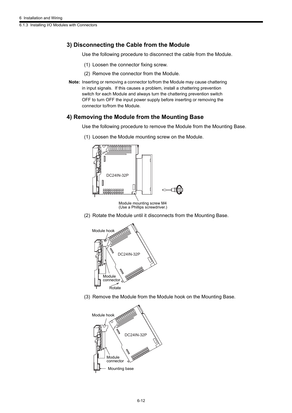 3) disconnecting the cable from the module, 4) removing the module from the mounting base | Yaskawa 120 Series I/O Modules User Manual | Page 239 / 308