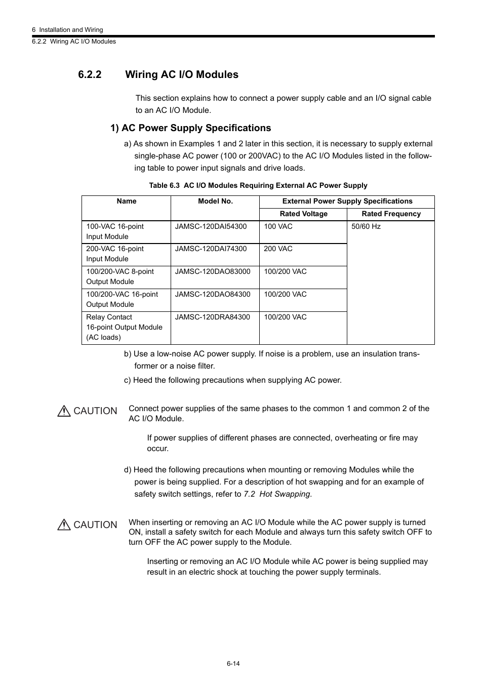 2 wiring ac i/o modules, 1) ac power supply specifications, Caution | Yaskawa 120 Series I/O Modules User Manual | Page 241 / 308
