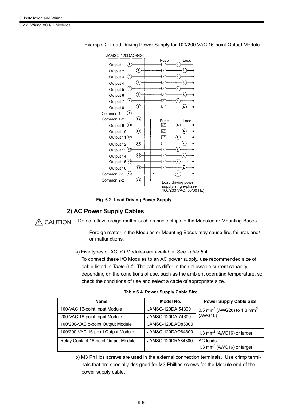 2) ac power supply cables, Caution | Yaskawa 120 Series I/O Modules User Manual | Page 243 / 308