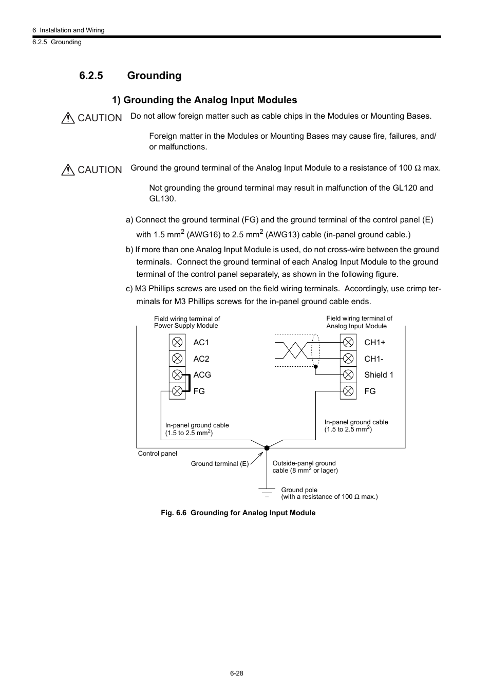 5 grounding, 1) grounding the analog input modules, Caution | Yaskawa 120 Series I/O Modules User Manual | Page 255 / 308
