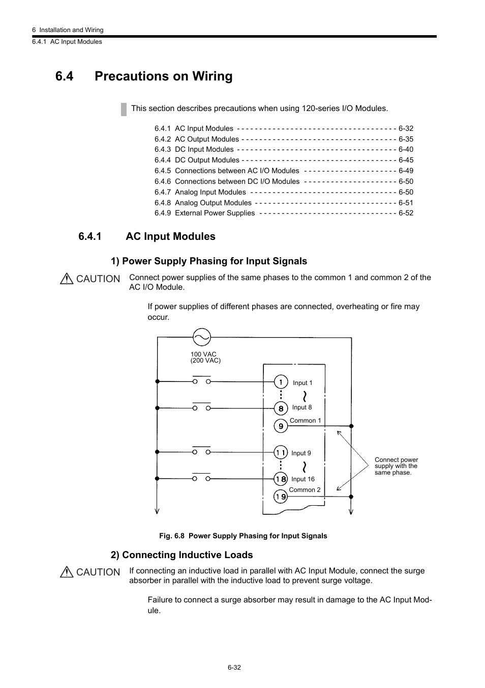 4 precautions on wiring, 1 ac input modules, 1) power supply phasing for input signals | 2) connecting inductive loads, Caution | Yaskawa 120 Series I/O Modules User Manual | Page 259 / 308