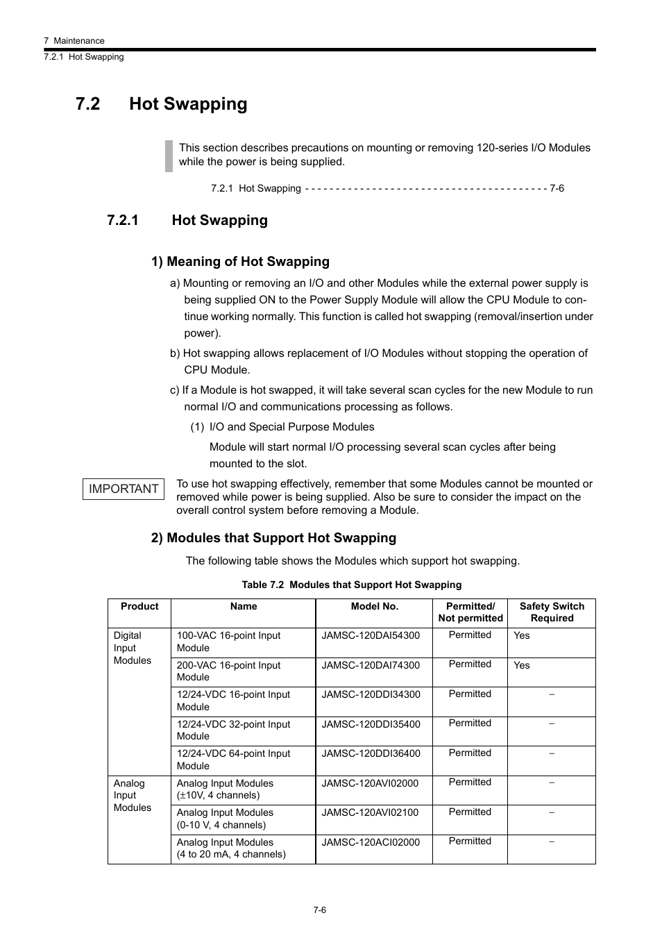 2 hot swapping, 1 hot swapping, 1) meaning of hot swapping | 2) modules that support hot swapping | Yaskawa 120 Series I/O Modules User Manual | Page 285 / 308