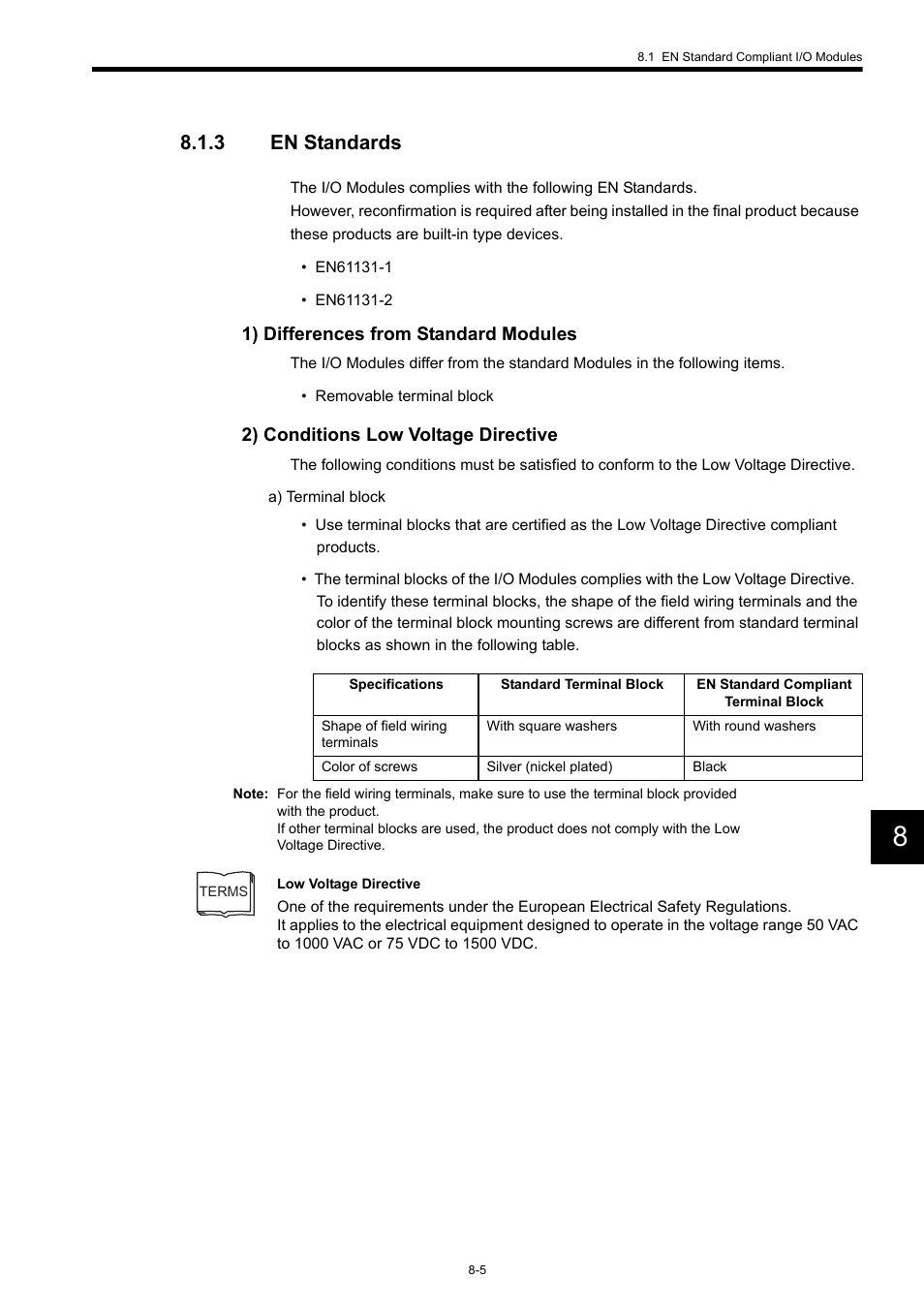 3 en standards, 1) differences from standard modules, 2) conditions low voltage directive | Yaskawa 120 Series I/O Modules User Manual | Page 292 / 308