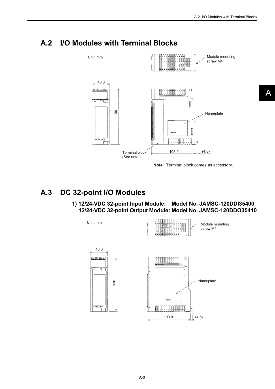 A.2 i/o modules with terminal blocks, A.3 dc 32-point i/o modules | Yaskawa 120 Series I/O Modules User Manual | Page 302 / 308