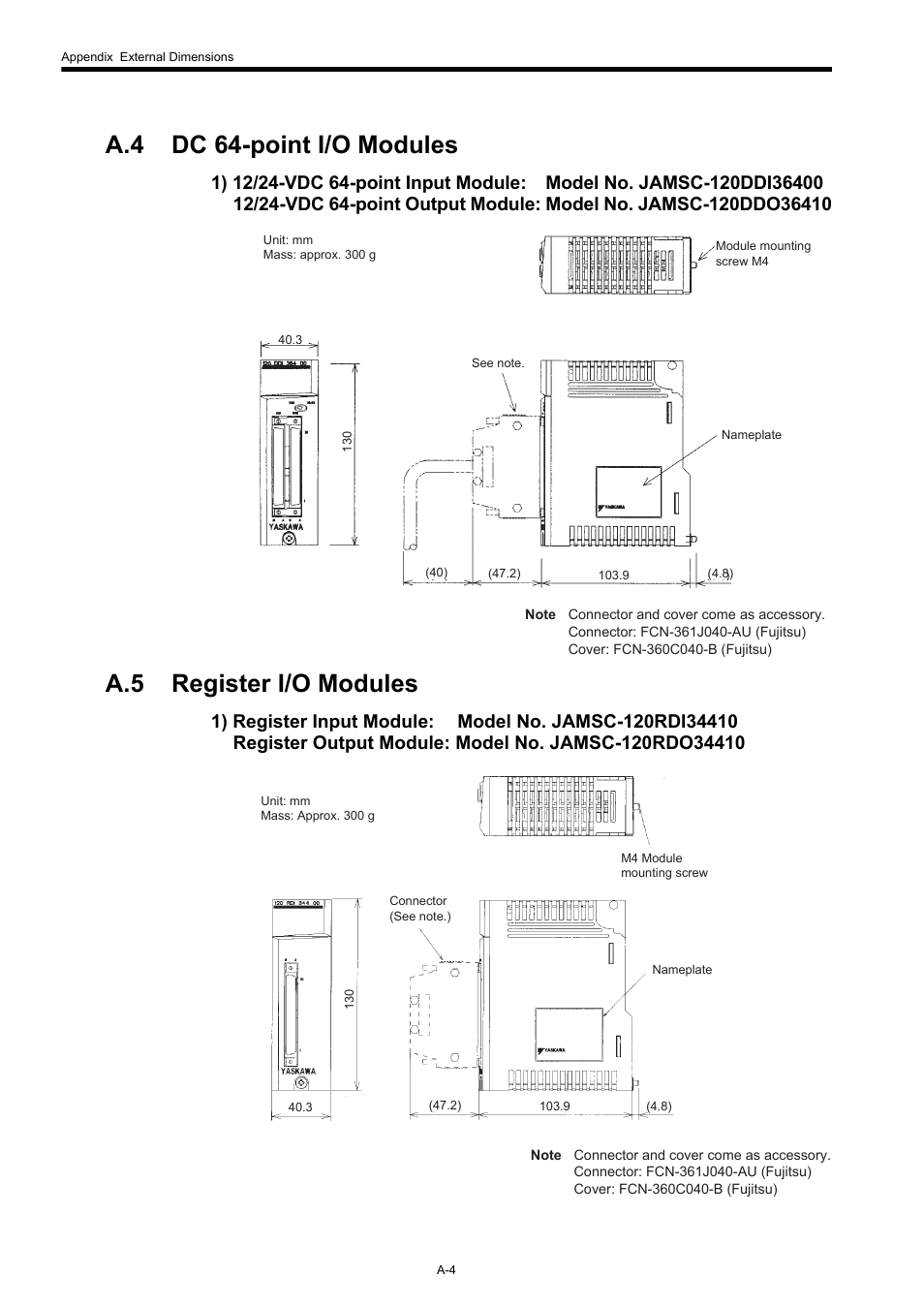 A.4 dc 64-point i/o modules, A.5 register i/o modules | Yaskawa 120 Series I/O Modules User Manual | Page 303 / 308