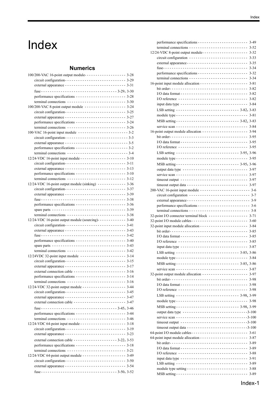 Index, Numerics, Index-1 | Yaskawa 120 Series I/O Modules User Manual | Page 304 / 308