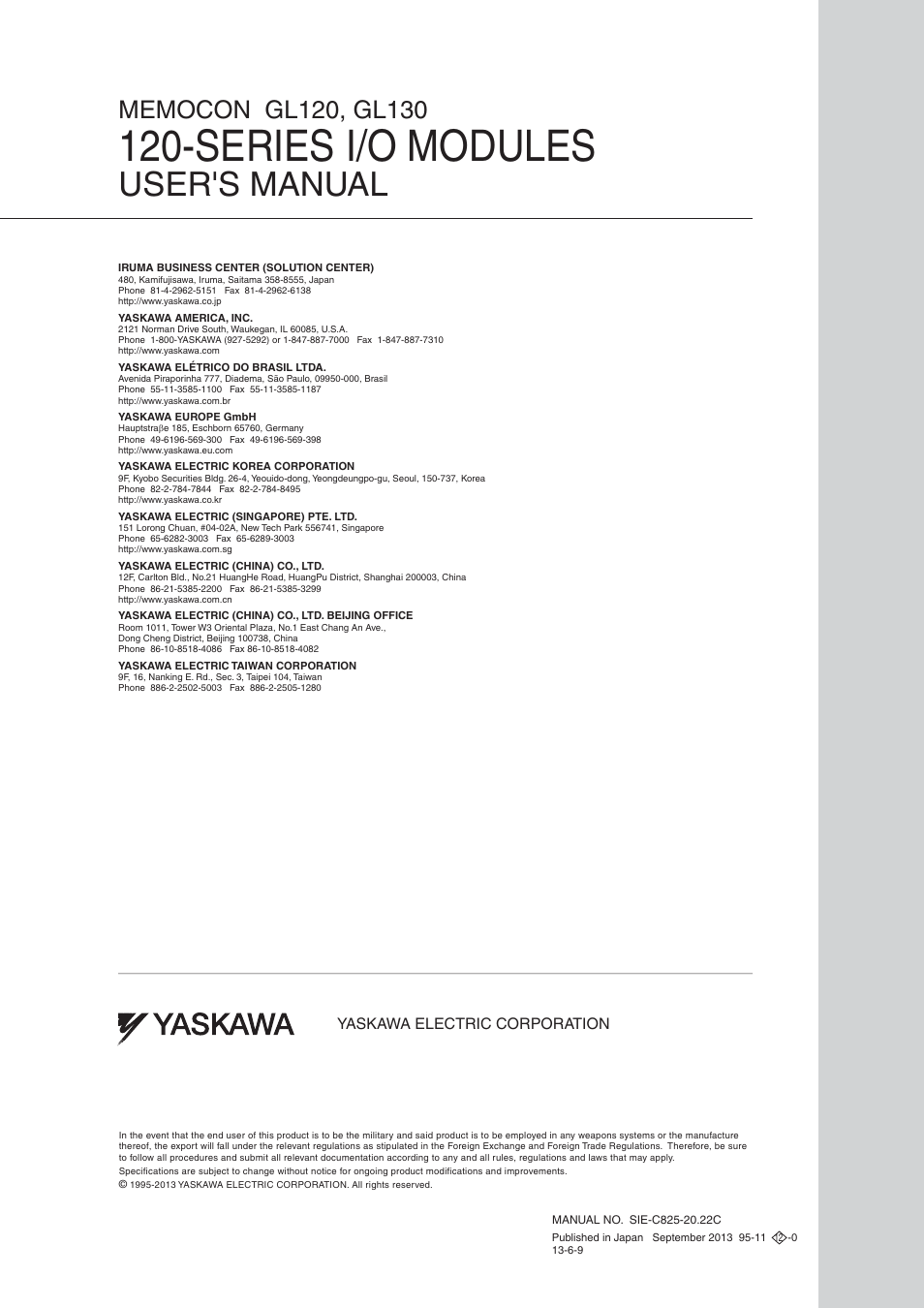 Back cover, Series i/o modules, User's manual | Yaskawa electric corporation | Yaskawa 120 Series I/O Modules User Manual | Page 308 / 308