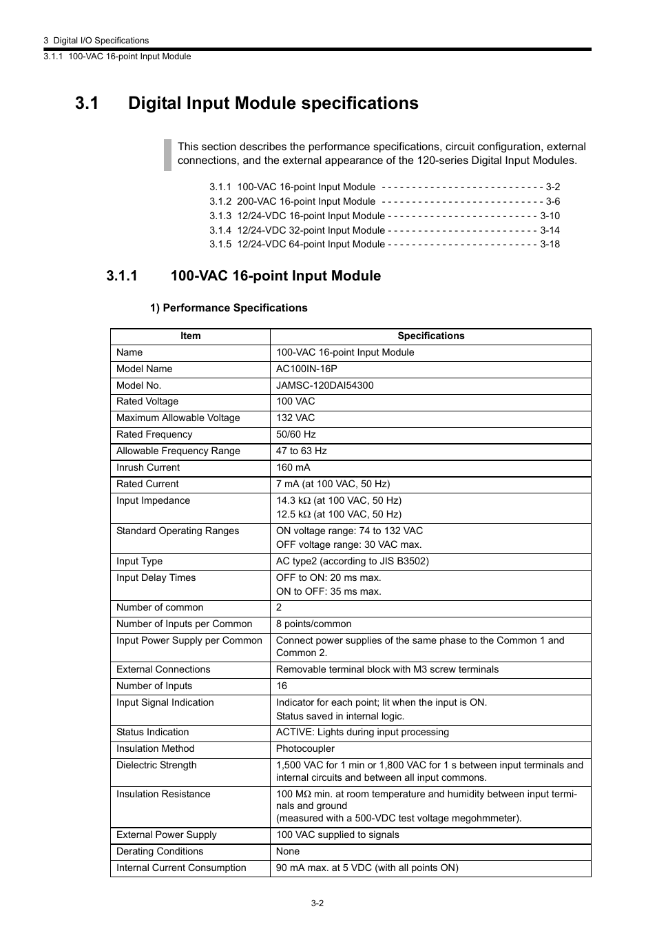 1 digital input module specifications, 1 100-vac 16-point input module | Yaskawa 120 Series I/O Modules User Manual | Page 32 / 308
