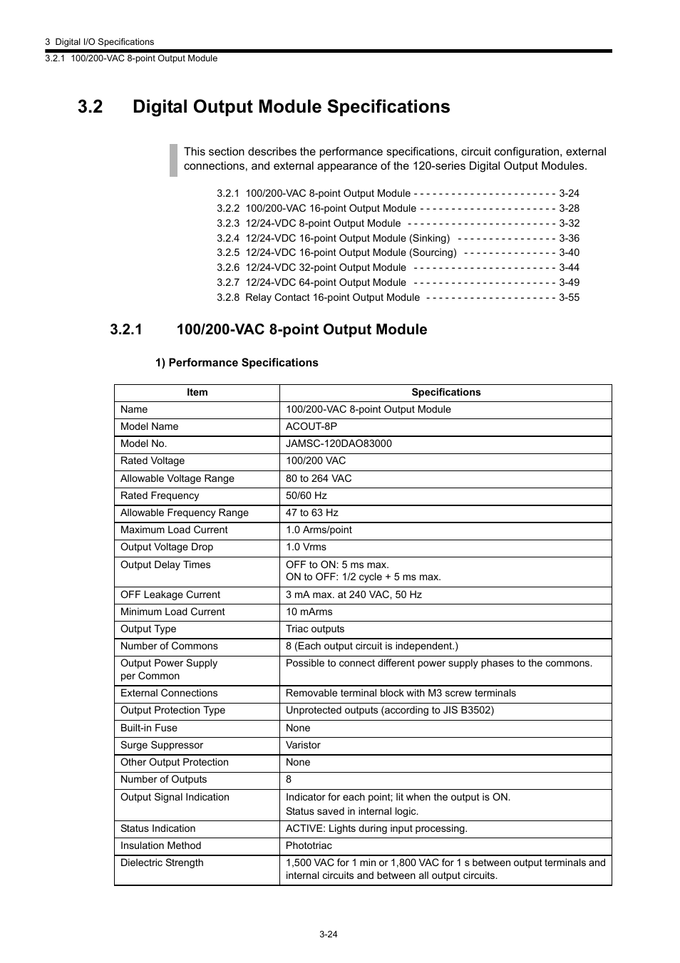 2 digital output module specifications, 1 100/200-vac 8-point output module | Yaskawa 120 Series I/O Modules User Manual | Page 54 / 308