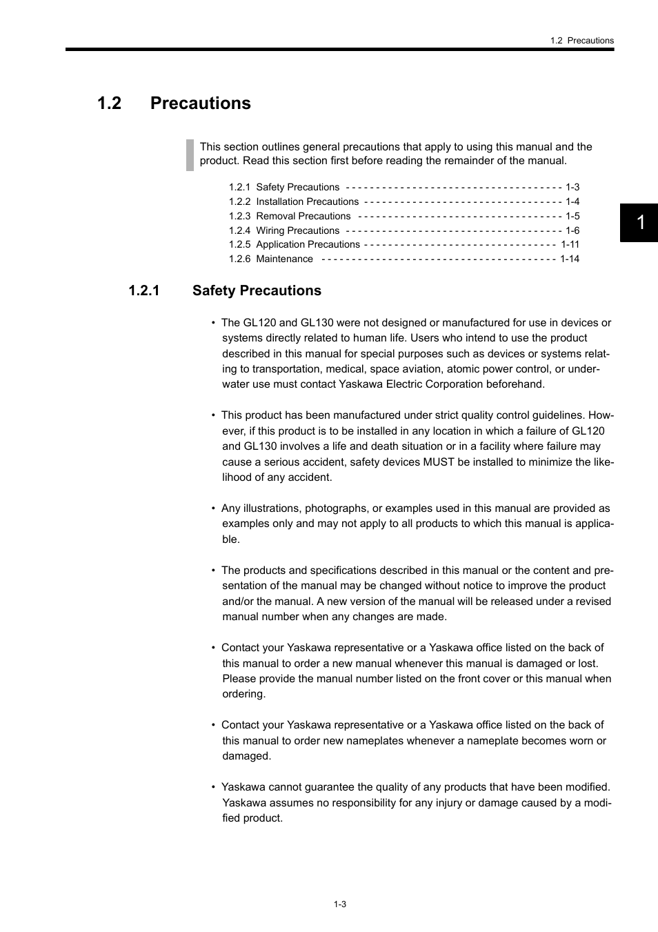 2 precautions, 1 safety precautions | Yaskawa 120 Series I/O Modules User Manual | Page 8 / 308