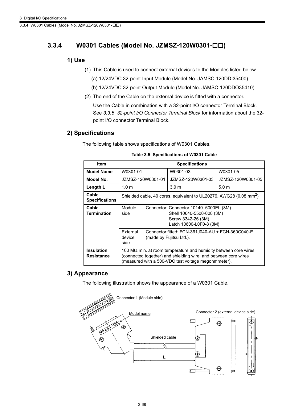 4 w0301 cables (model no. jzmsz-120w0301-**), 1) use, 2) specifications | 3) appearance | Yaskawa 120 Series I/O Modules User Manual | Page 98 / 308