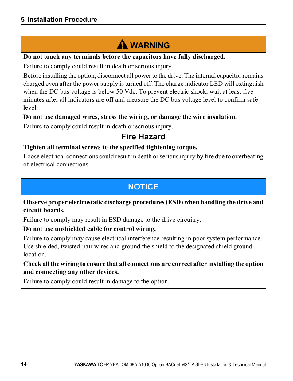 Warning, Fire hazard, Notice | Yaskawa BACnet MS/TP User Manual | Page 14 / 48