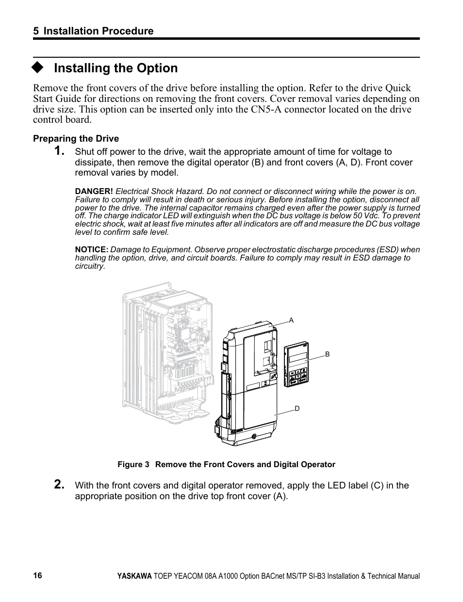 Installing the option | Yaskawa BACnet MS/TP User Manual | Page 16 / 48