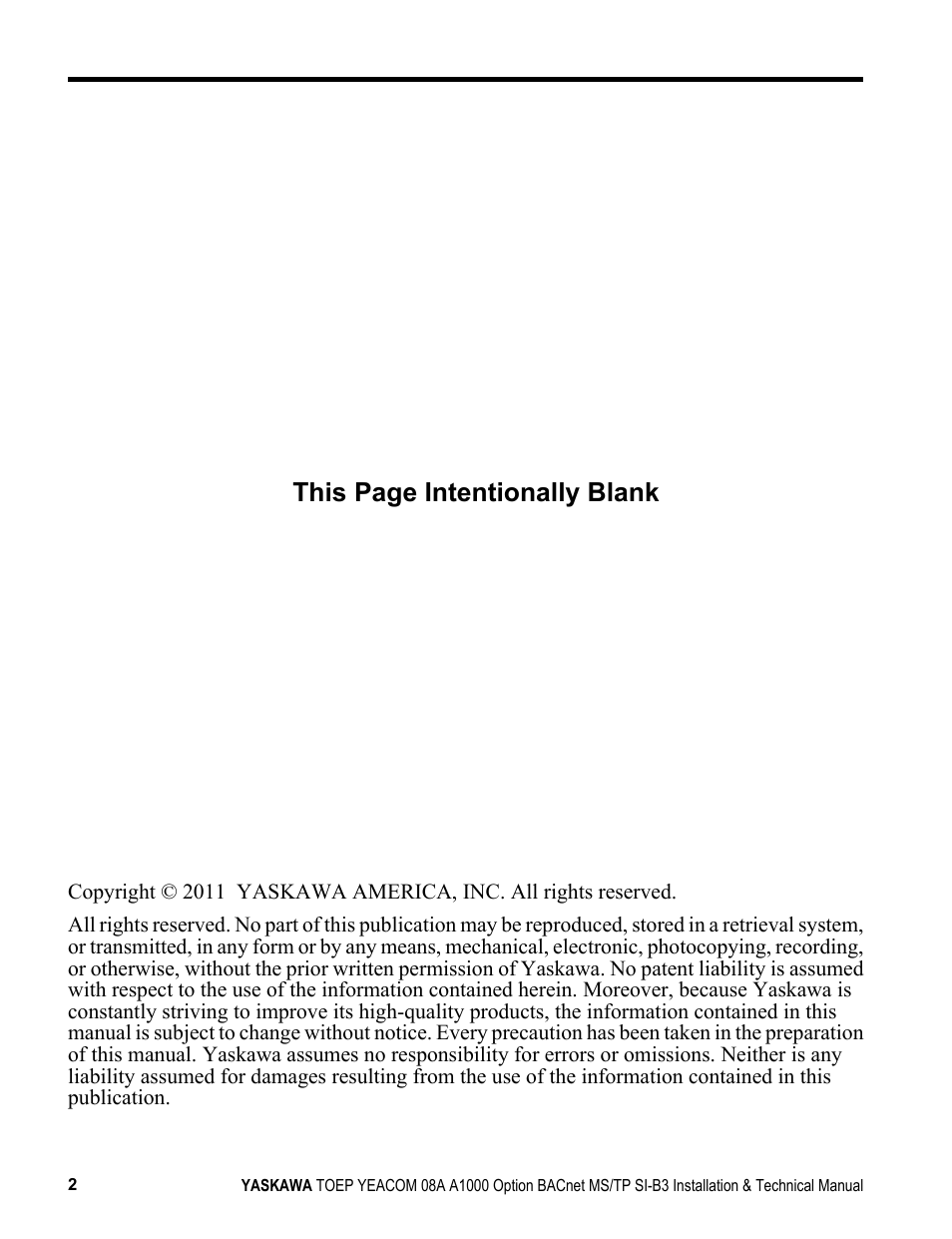This page intentionally blank | Yaskawa BACnet MS/TP User Manual | Page 2 / 48