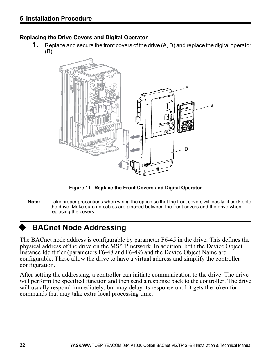 Bacnet node addressing | Yaskawa BACnet MS/TP User Manual | Page 22 / 48