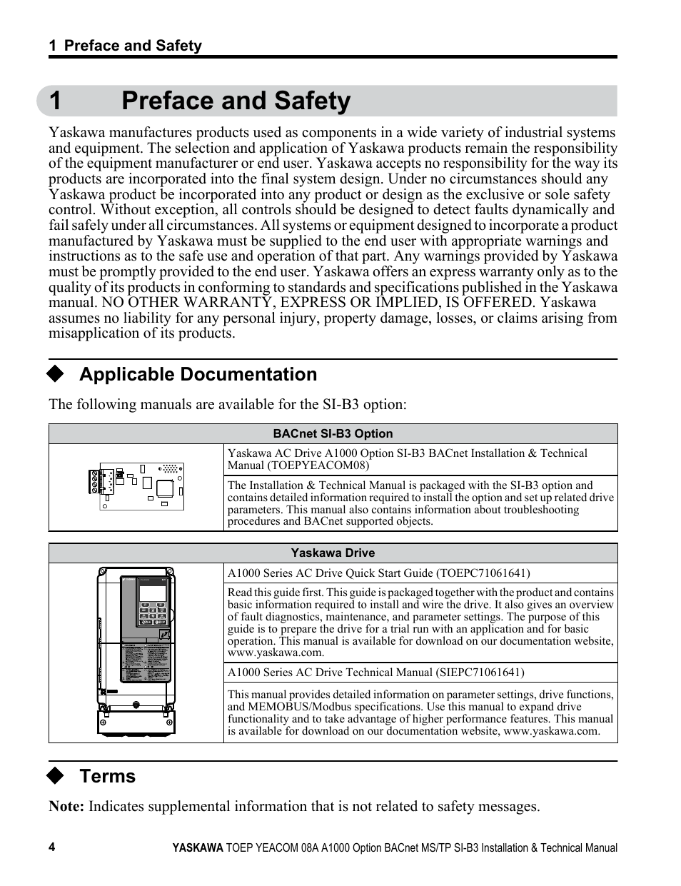 Preface and safety, Applicable documentation, Terms | 1preface and safety | Yaskawa BACnet MS/TP User Manual | Page 4 / 48