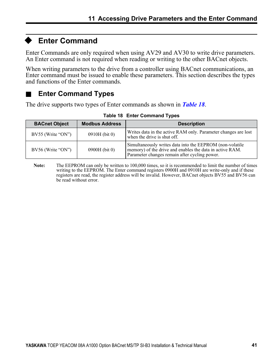 Enter command, Enter command types | Yaskawa BACnet MS/TP User Manual | Page 41 / 48