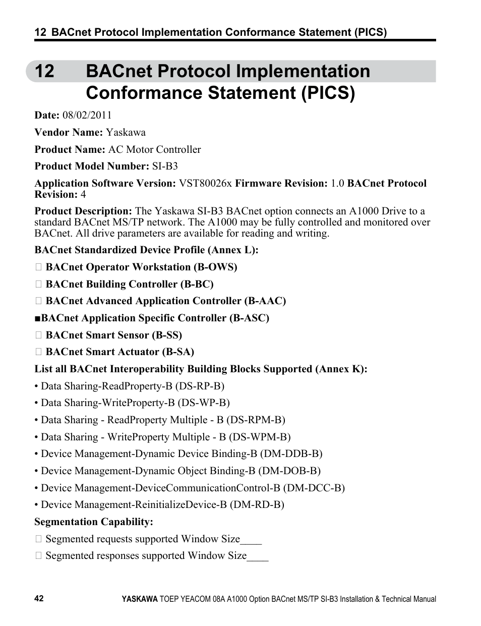 Yaskawa BACnet MS/TP User Manual | Page 42 / 48