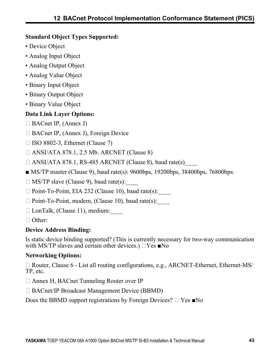 Yaskawa BACnet MS/TP User Manual | Page 43 / 48