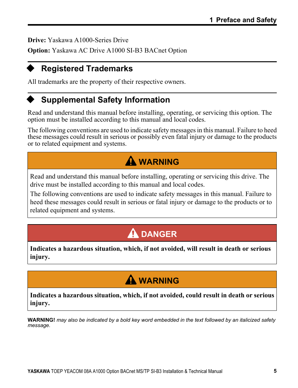 Registered trademarks, Supplemental safety information, Warning | Danger | Yaskawa BACnet MS/TP User Manual | Page 5 / 48
