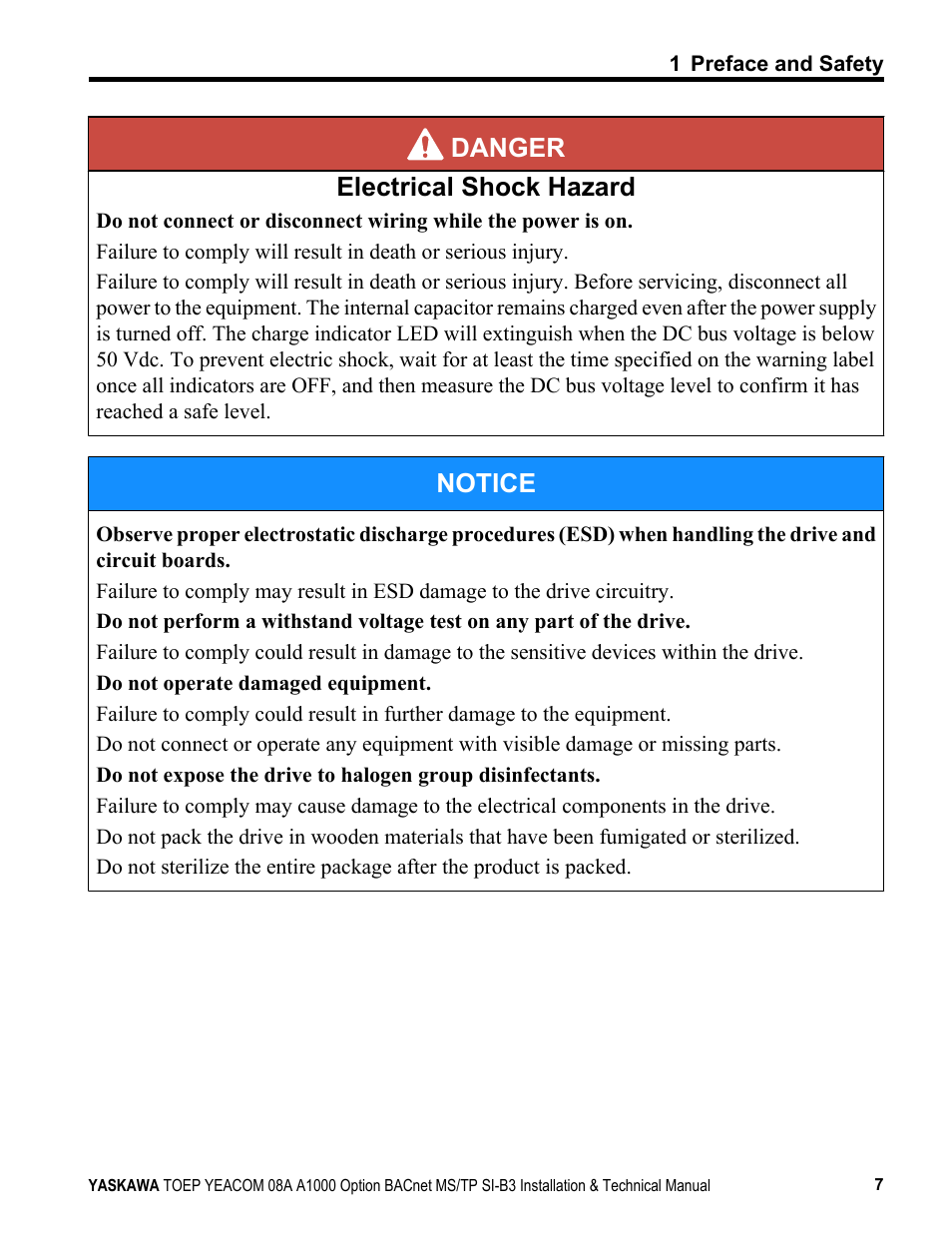 Danger electrical shock hazard, Notice | Yaskawa BACnet MS/TP User Manual | Page 7 / 48
