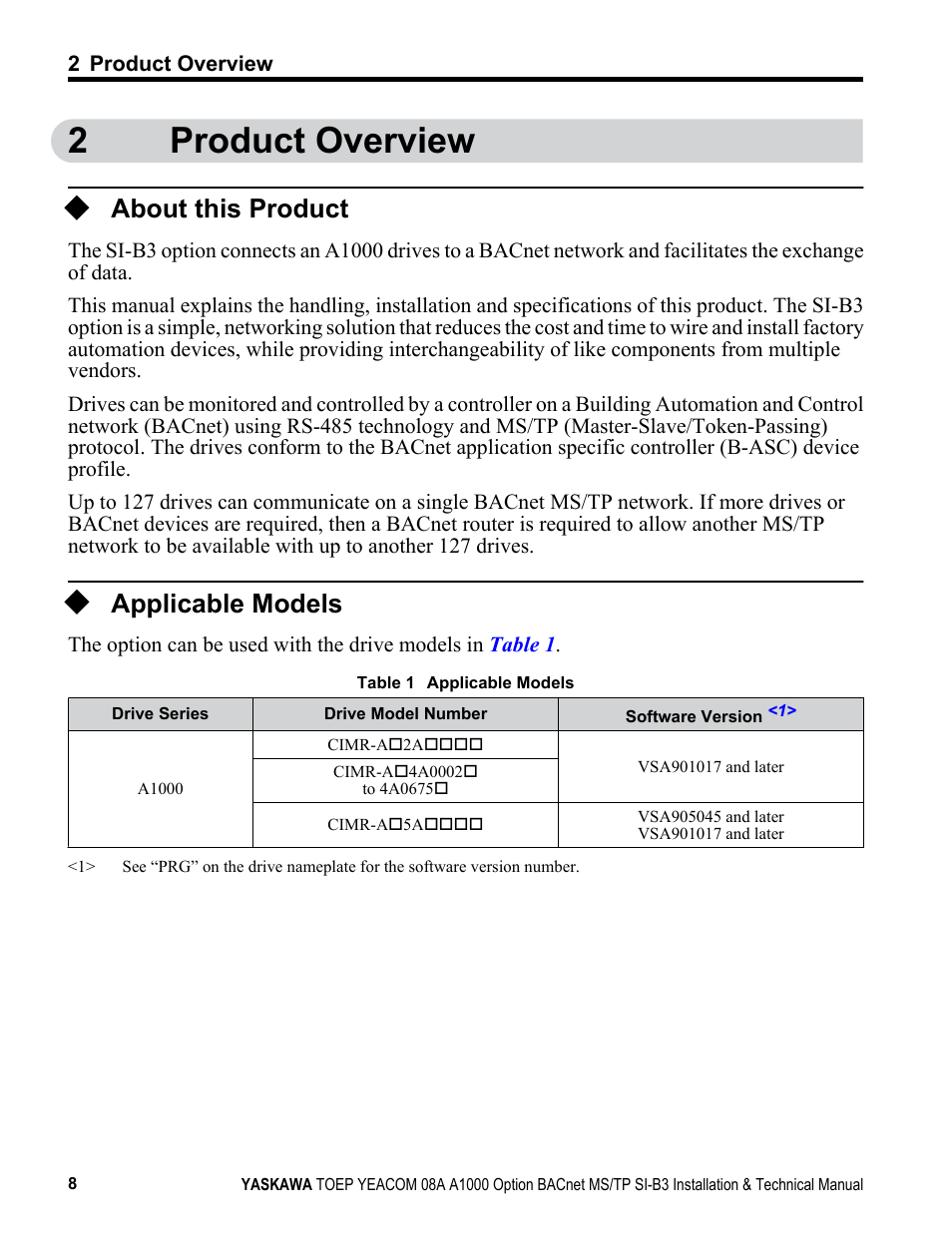 Product overview, About this product, Applicable models | 2product overview | Yaskawa BACnet MS/TP User Manual | Page 8 / 48