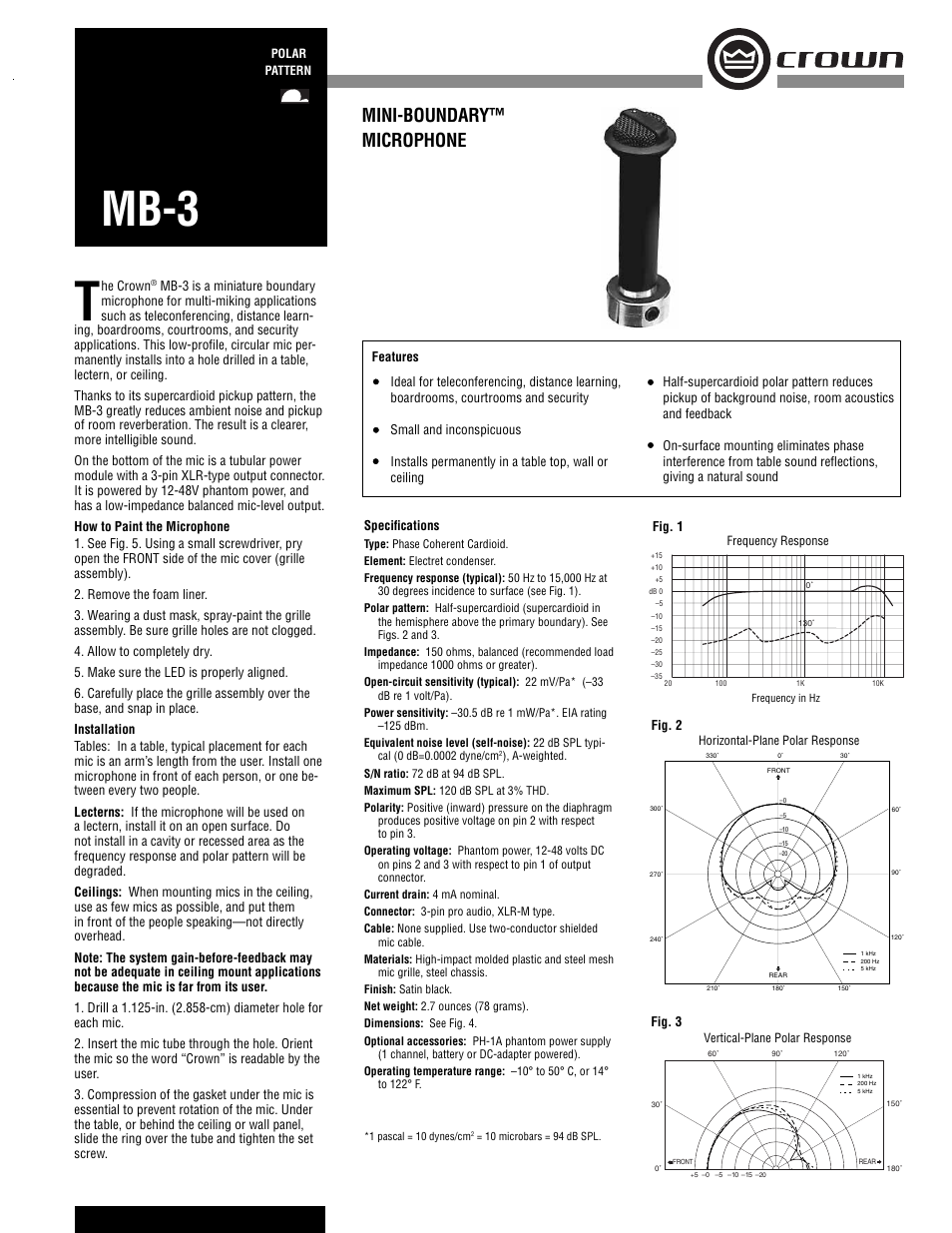 Crown Audio Mini-Boundary MB-3 User Manual | 2 pages