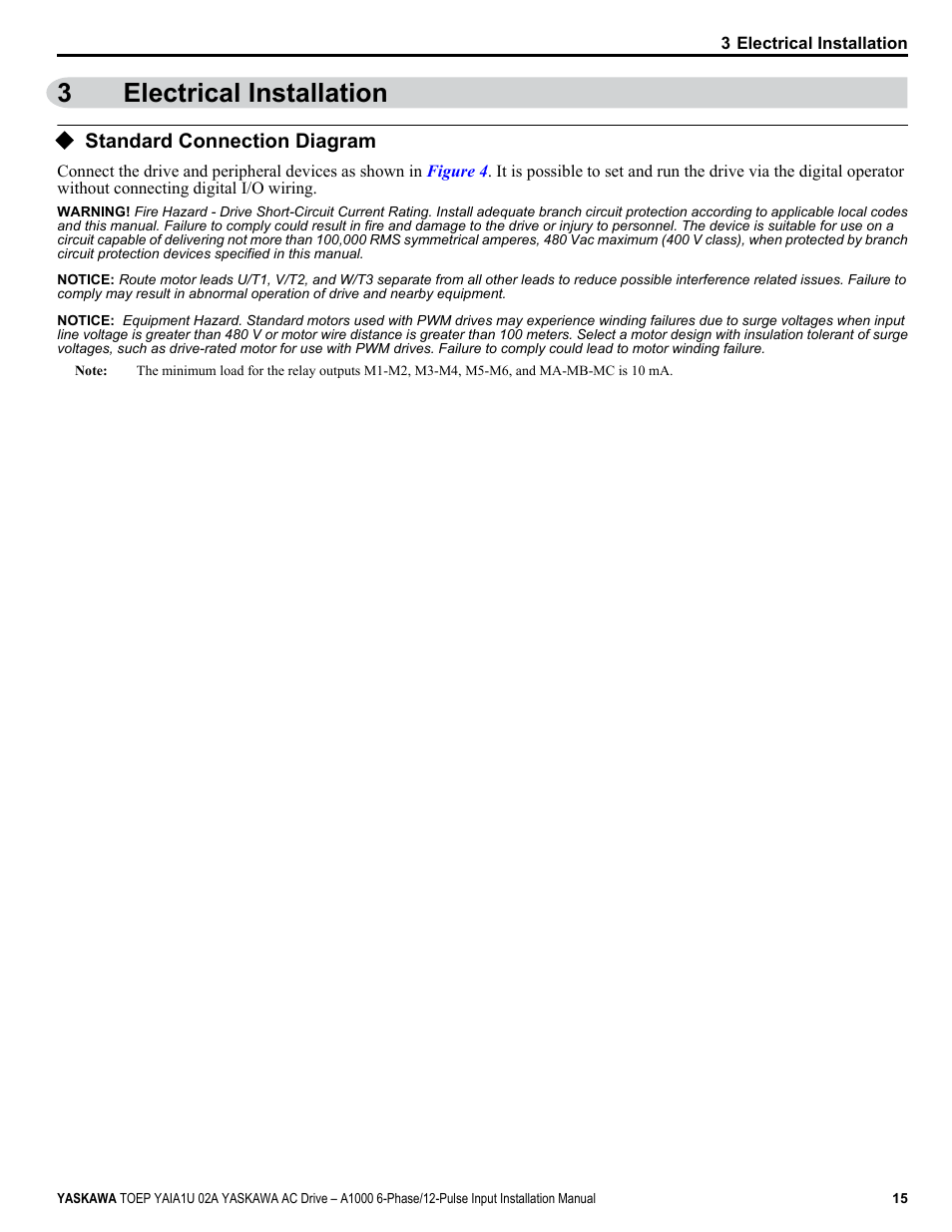 Electrical installation, Standard connection diagram, 3electrical installation | Yaskawa A1000 6-Phase/12-Pulse Input User Manual | Page 15 / 92