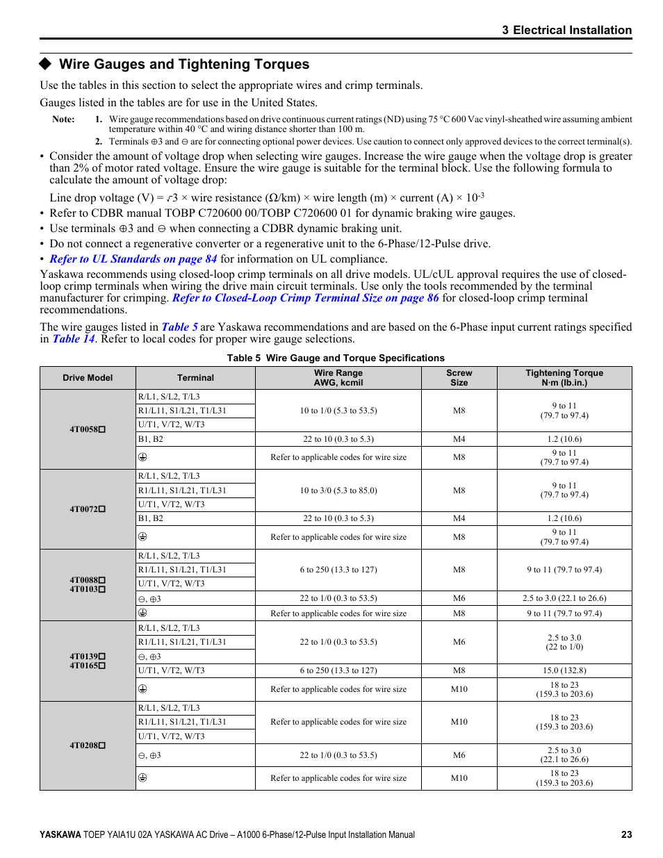 Wire gauges and tightening torques, 3 electrical installation | Yaskawa A1000 6-Phase/12-Pulse Input User Manual | Page 23 / 92