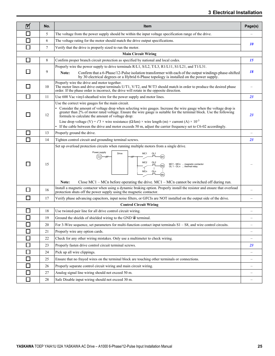 3 electrical installation | Yaskawa A1000 6-Phase/12-Pulse Input User Manual | Page 25 / 92