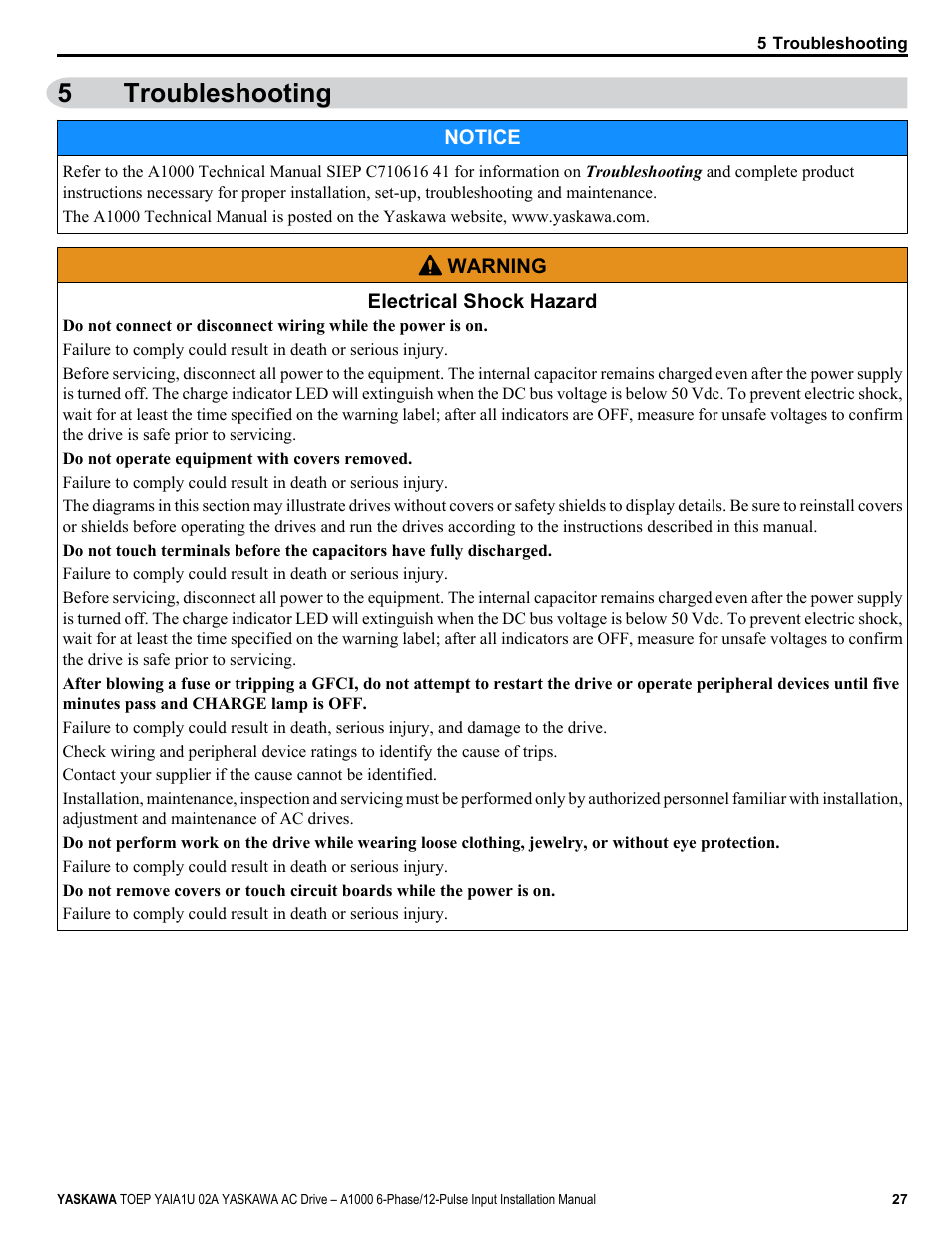 Troubleshooting, 5troubleshooting | Yaskawa A1000 6-Phase/12-Pulse Input User Manual | Page 27 / 92