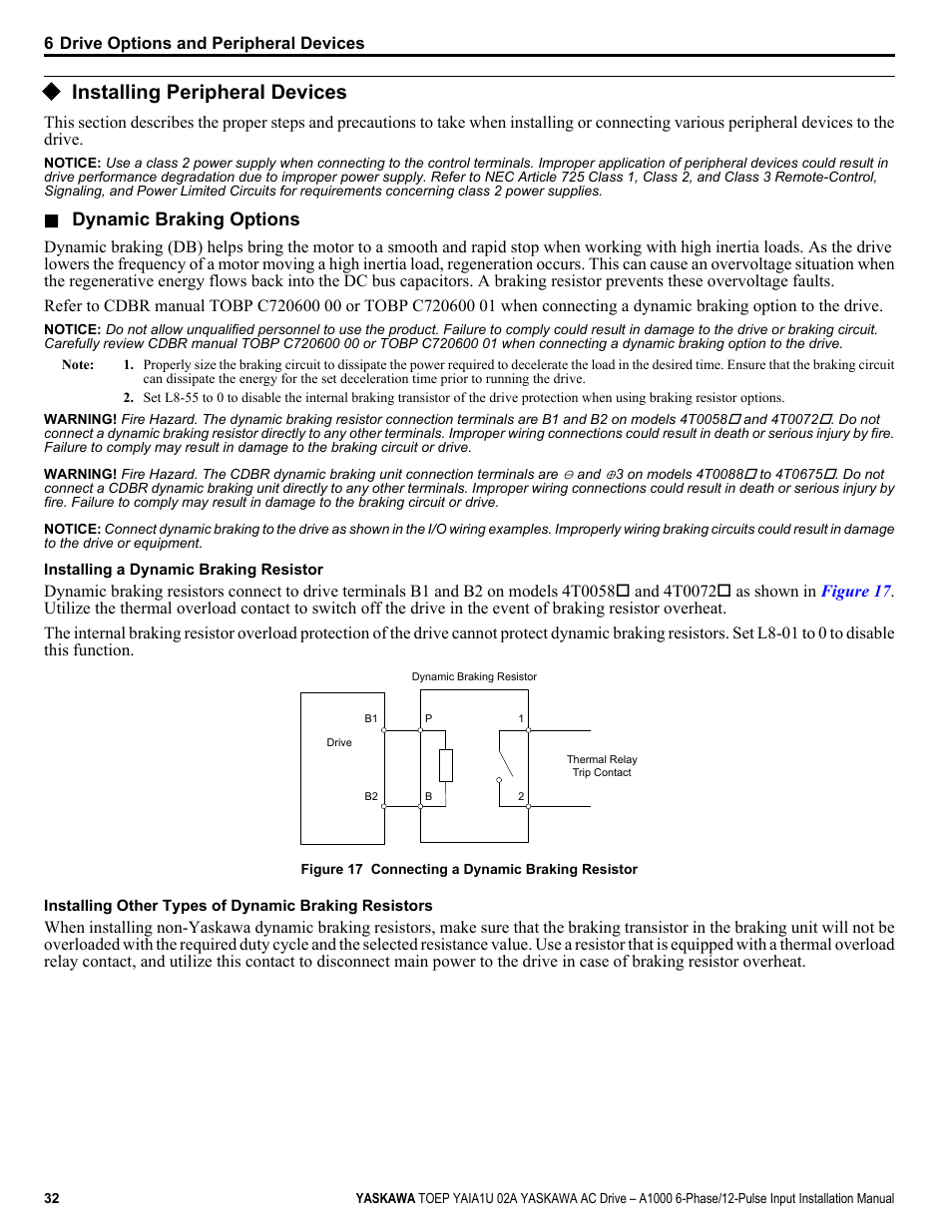 Installing peripheral devices, Dynamic braking options | Yaskawa A1000 6-Phase/12-Pulse Input User Manual | Page 32 / 92