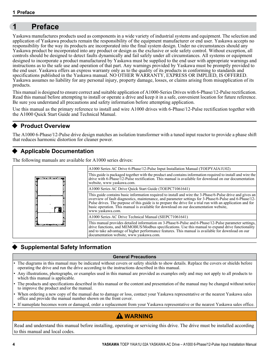 Preface, Product overview, Applicable documentation | Supplemental safety information, 1preface | Yaskawa A1000 6-Phase/12-Pulse Input User Manual | Page 4 / 92