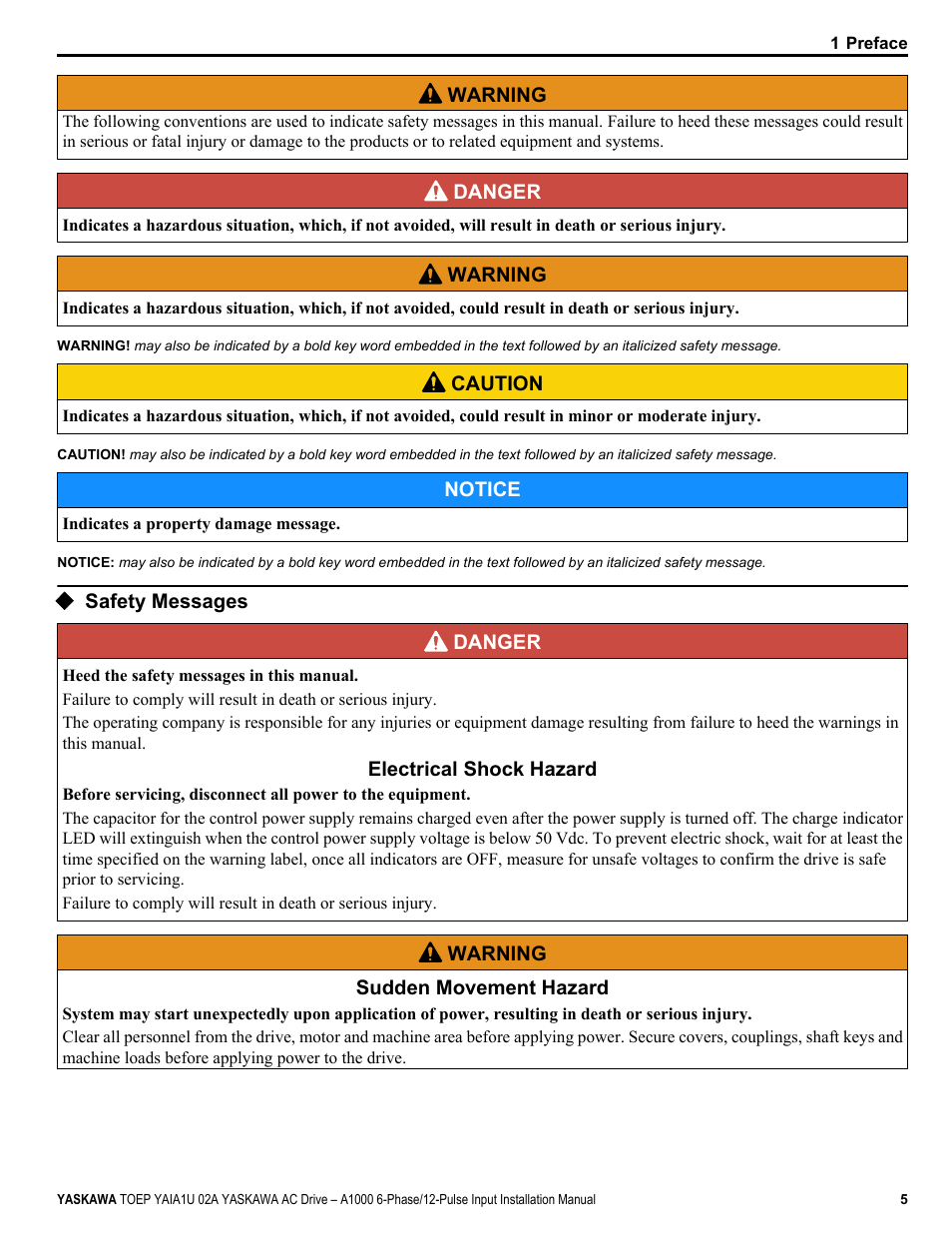 Safety messages | Yaskawa A1000 6-Phase/12-Pulse Input User Manual | Page 5 / 92