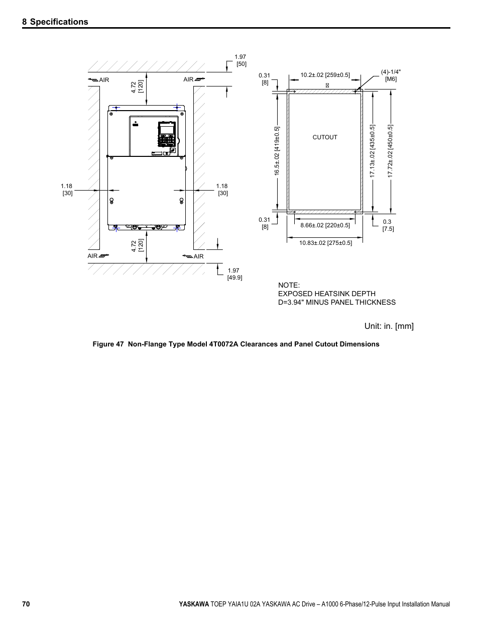 8 specifications, Unit: in. [mm | Yaskawa A1000 6-Phase/12-Pulse Input User Manual | Page 70 / 92