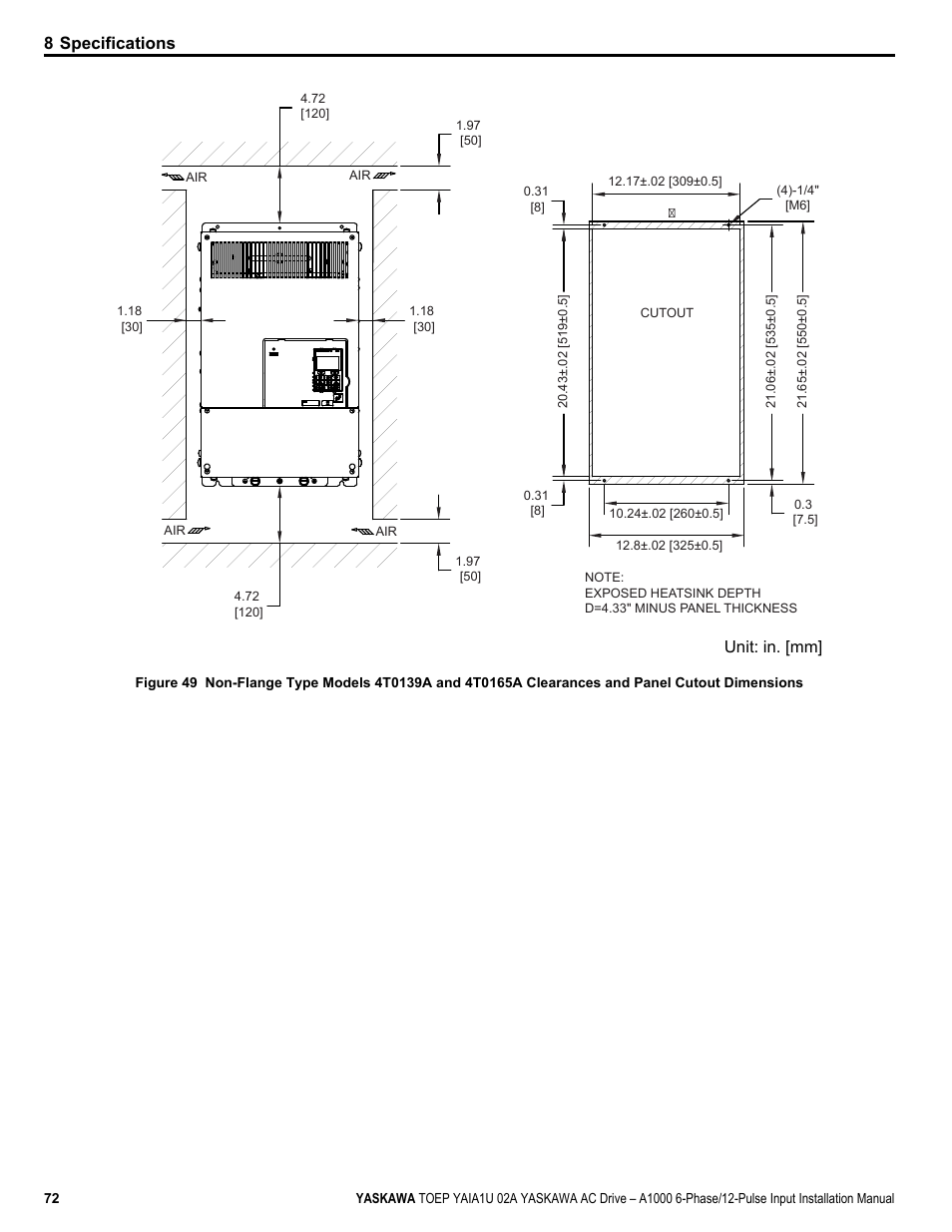 8 specifications, Unit: in. [mm | Yaskawa A1000 6-Phase/12-Pulse Input User Manual | Page 72 / 92