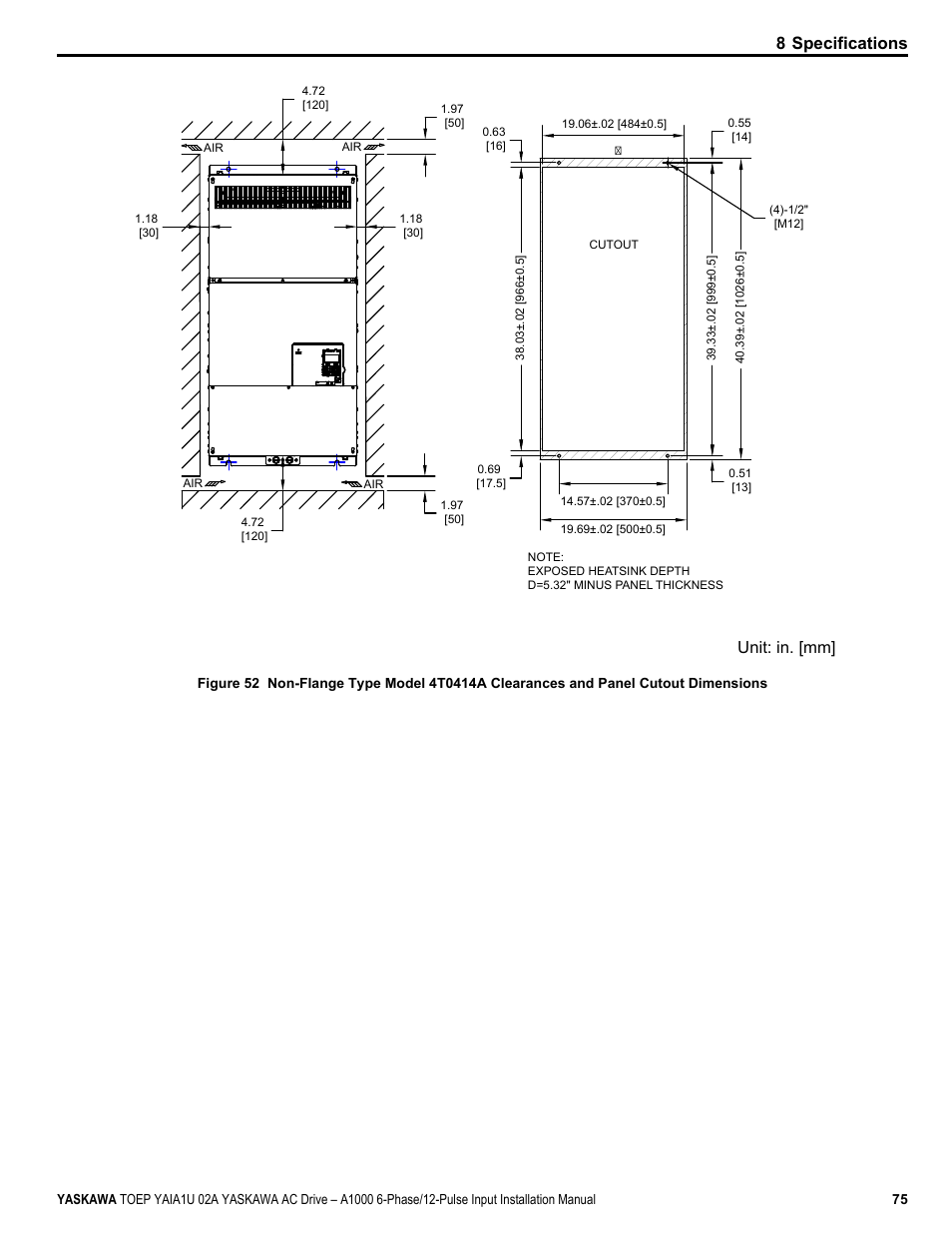 8 specifications, Unit: in. [mm | Yaskawa A1000 6-Phase/12-Pulse Input User Manual | Page 75 / 92