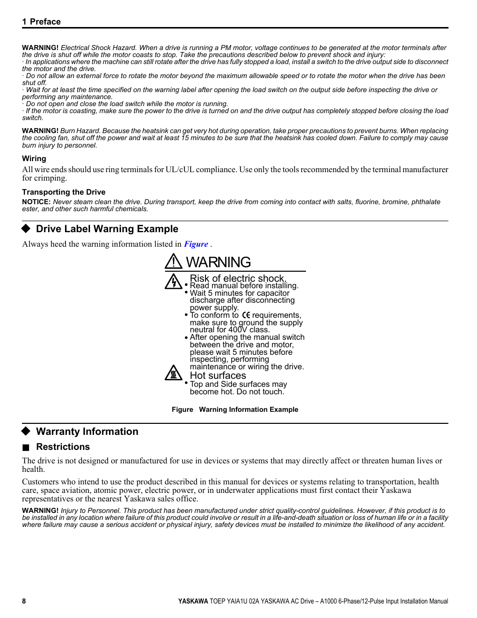 Drive label warning example, Warranty, Warning | Risk of electric shock. hot surfaces, Warranty information | Yaskawa A1000 6-Phase/12-Pulse Input User Manual | Page 8 / 92