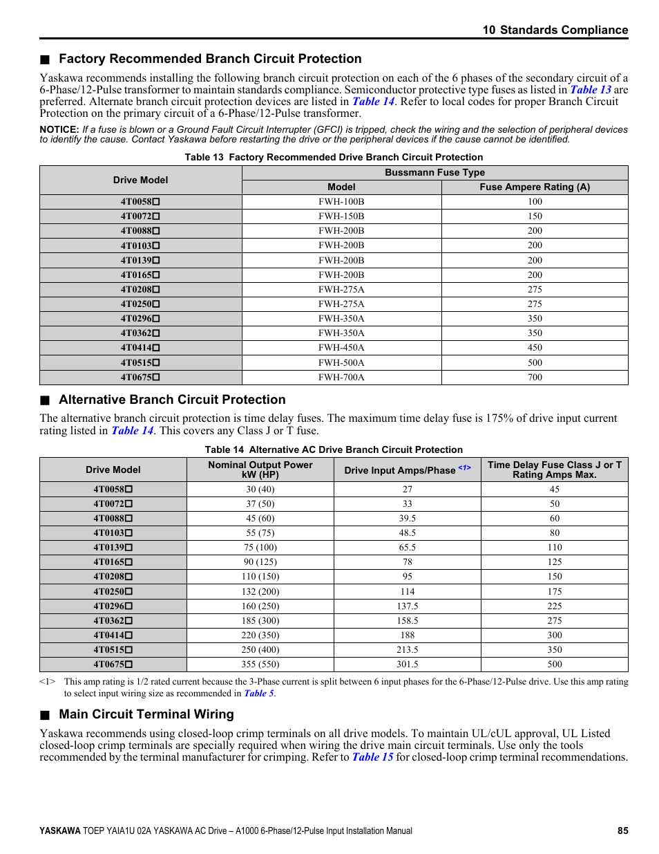 Table 13, Table 14, From | Yaskawa A1000 6-Phase/12-Pulse Input User Manual | Page 85 / 92
